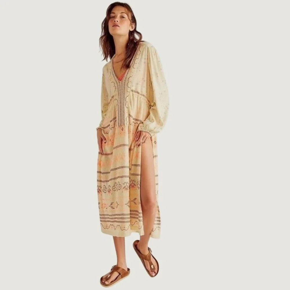 Free People Dahlia Maxi Top S Endless Summer Embroidered Boho Kaftan Tunic